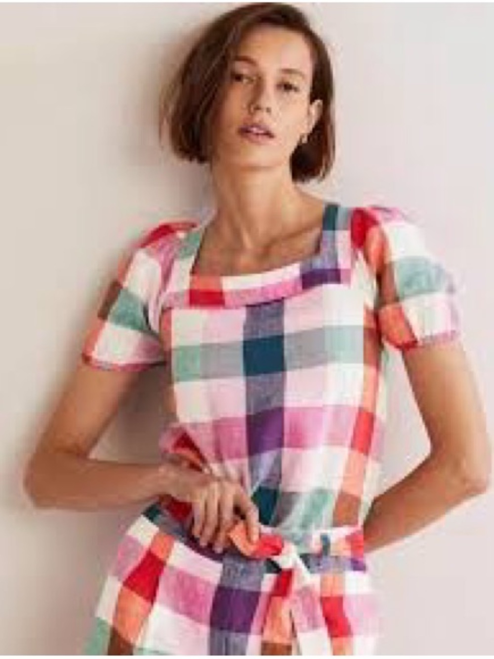 Boden Pink Red Green Cream Plaid Puff-Sleeve Top, Linen